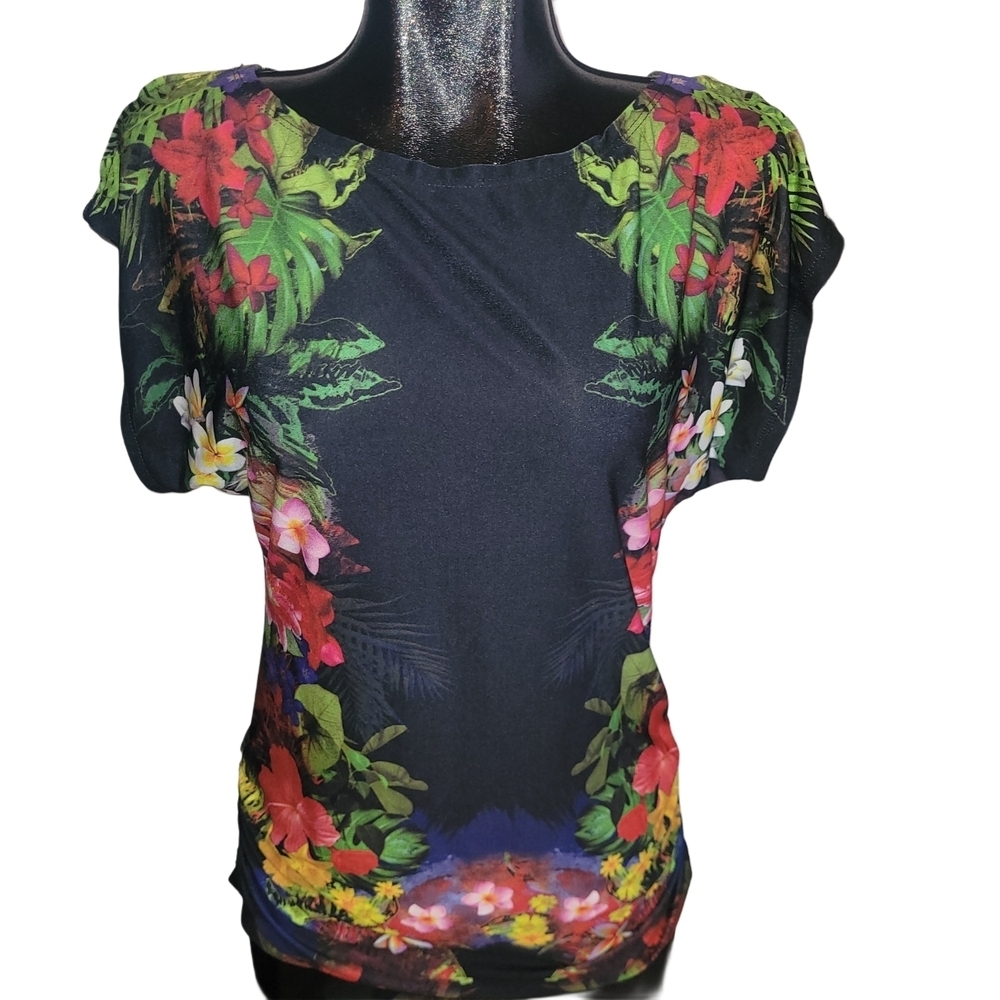 Suzy Shier Floral Black Short Sleeve Cold Shoulder Top Size M